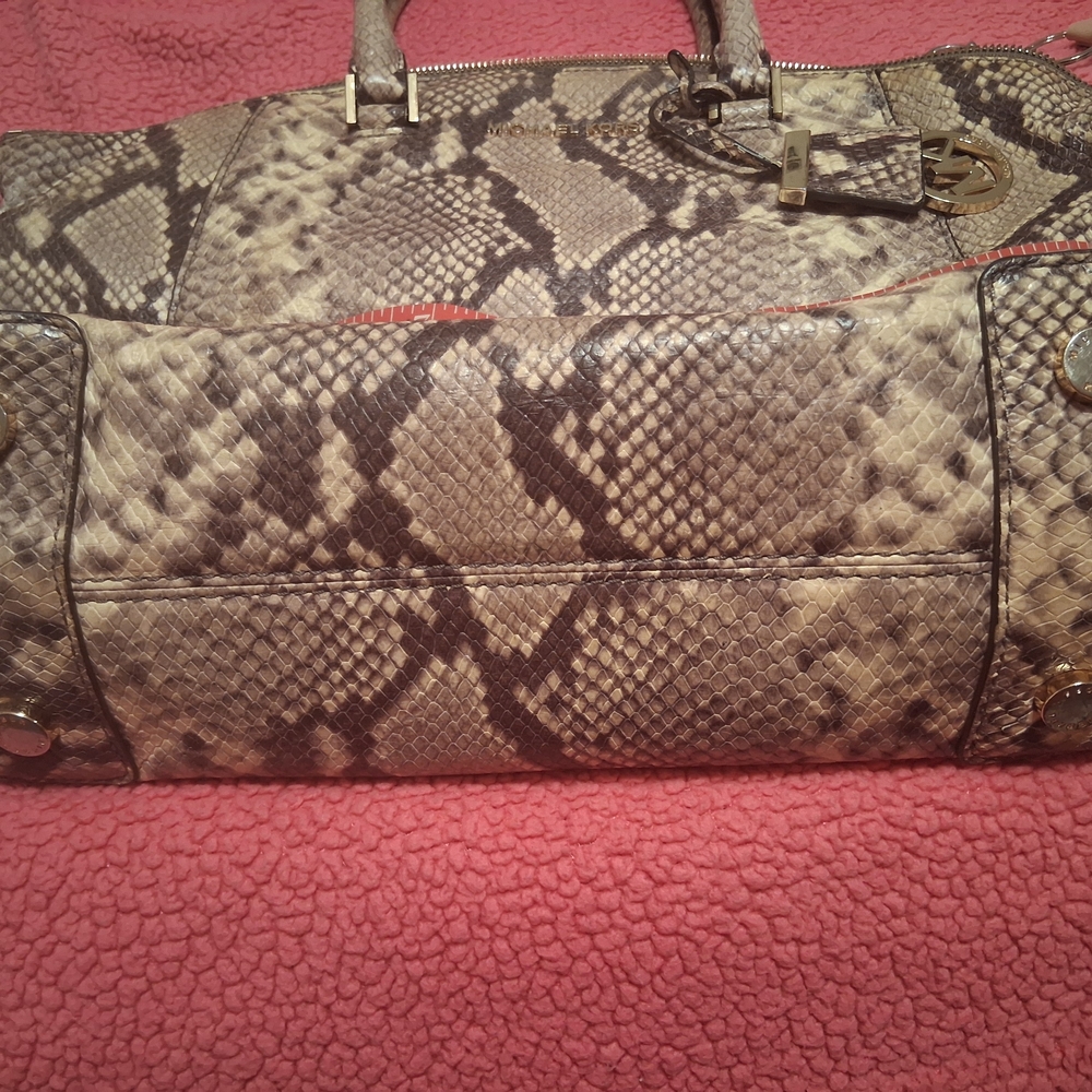 Michael Kors Brown and Tan Snake-Print Satchel with Gold Hardware - Picture 3 of 14